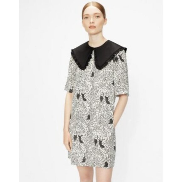 Ted Baker White Black Ruffle Collar Cat Print Oscala Dress, Size 2 TB | 6 US - Picture 1 of 12